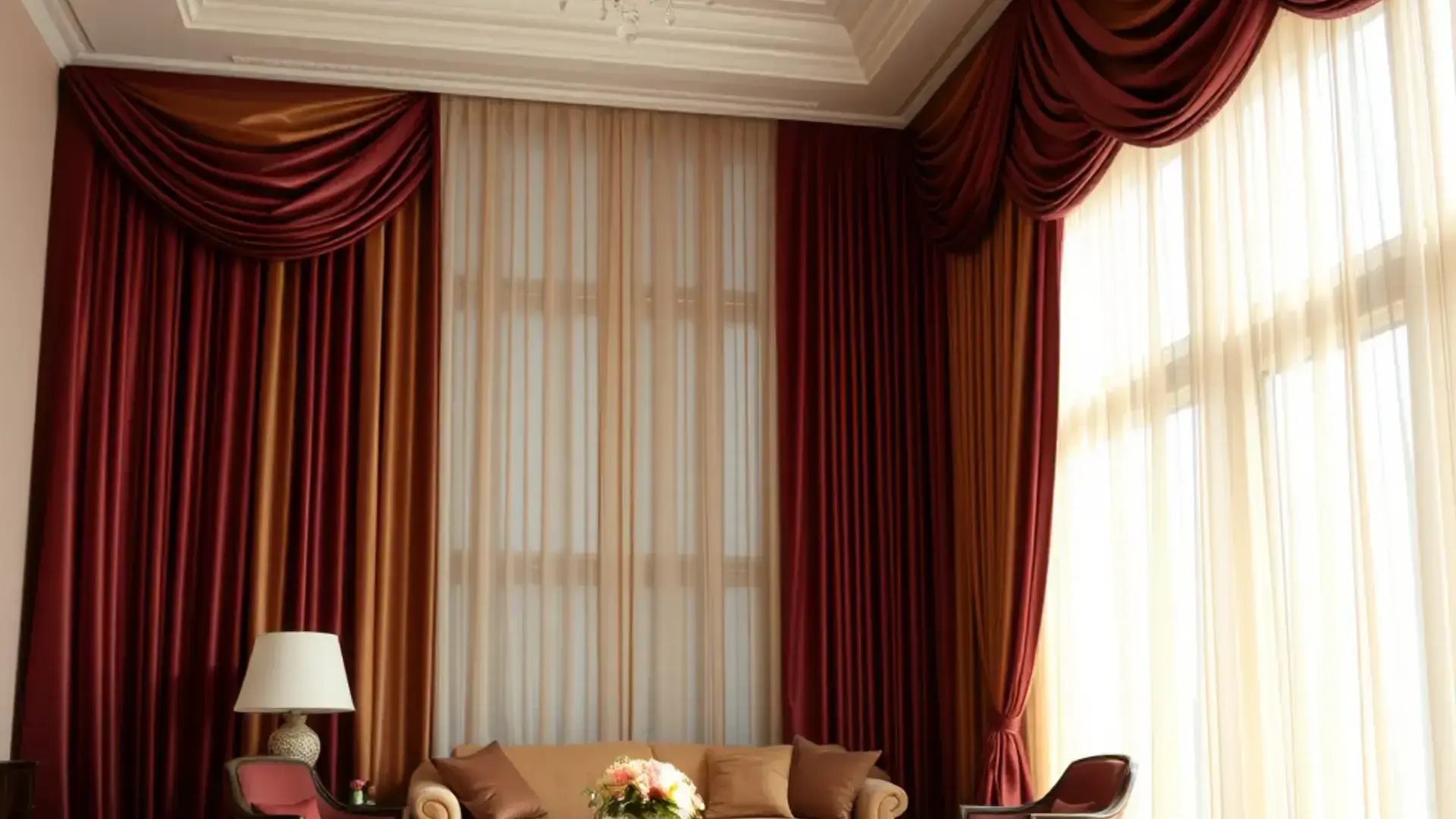 Elegant custom drapery in a luxurious living room with floor-to-ceiling curtains