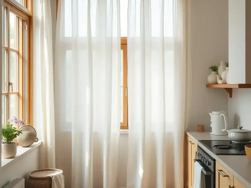 Natural linen curtains in a bright, airy kitchen