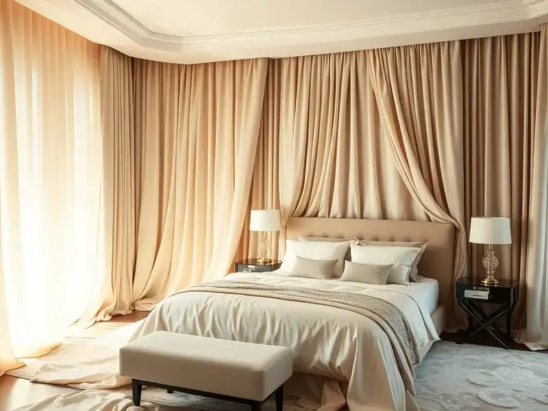 Luxurious flowing silk drapery in an elegant bedroom